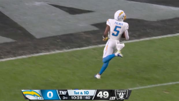 Chargers WR Josh Palmer scores a touchdown against the Raiders