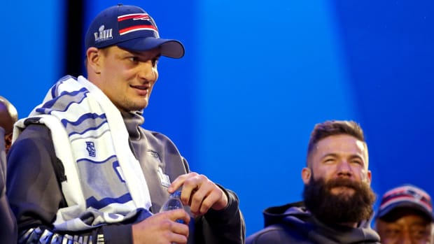 Former Patriots tight end Rob Gronkowski and wide receiver Julian Edelman attend opening night of Super Bowl LIII in 2019.
