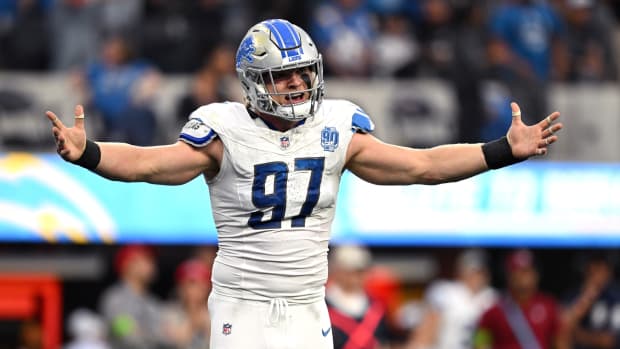Detroit Lions defensive end Aidan Hutchinson (97) reacts during the second half against the Los Angeles Chargers at SoFi Stadium.