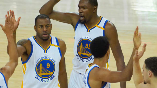 Iguodala and Durant during the Warriors' 132-113 win over the Cavaliers in Game 2 of the NBA Finals on June 4, 2017.