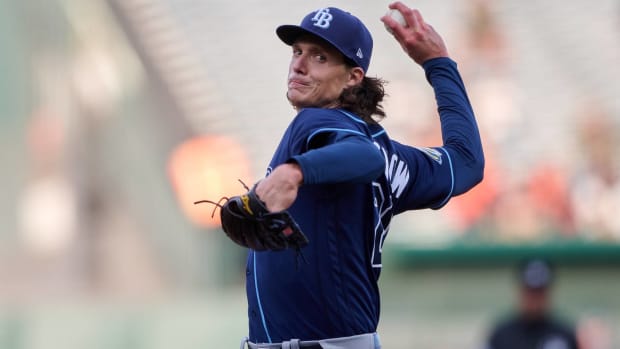 Rays starting pitcher Tyler Glasnow throws a pitch in a game.