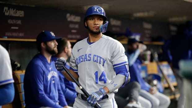 Sep 27, 2023; Detroit, Michigan, USA; Kansas City Royals outfielder Edward Olivares (14) prepares for an at bat during the first inning at Comerica Park.