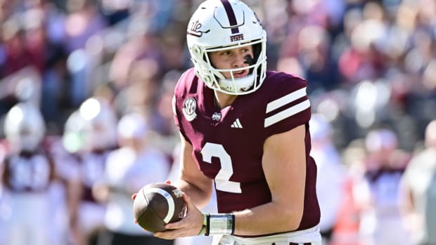 Nov 18, 2023; Starkville, Mississippi, USA; Mississippi State Bulldogs quarterback Will Rogers (2) drops back in the pocket against the Southern Miss Golden Eagles during the third quarter at Davis Wade Stadium at Scott Field. Mandatory Credit: Matt Bush-USA TODAY Sports  