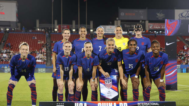 The United States women's national team pictured posing for a pre-match photo before beating China 2-1 in a friendly in Texas in December 2023