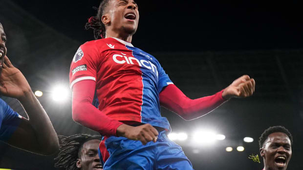 Michael Olise pictured celebrating after scoring a 95th-minute equalizer to earn Crystal Palace a 2-2 draw at Manchester City in December 2023