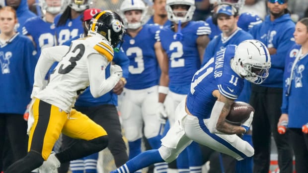 Dec 16, 2023; Indianapolis, Indiana, USA; Pittsburgh Steelers safety Damontae Kazee (23) pushes Indianapolis Colts wide receiver Michael Pittman Jr. (11) out of bounds during a game against the Pittsburgh Steelers at Lucas Oil Stadium.