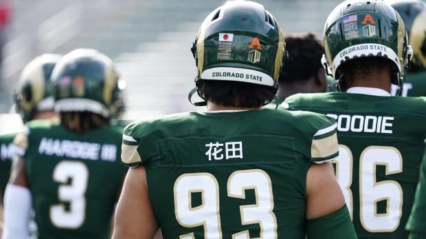 Colorado State Hidetora Hanada's nameplate on the back of his jersey appears in Japanese during a game.