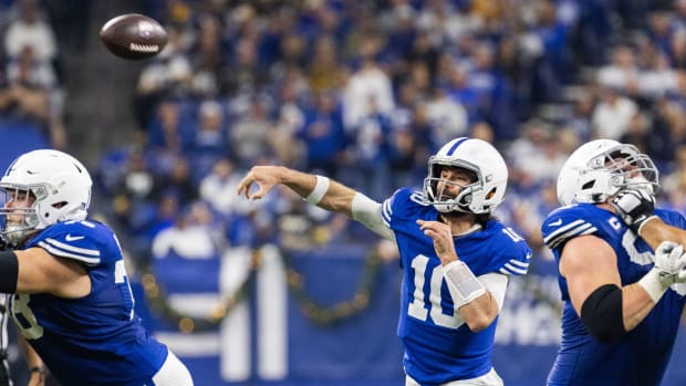 Dec 16, 2023; Indianapolis, Indiana, USA; Indianapolis Colts quarterback Gardner Minshew (10) passes the ball in the second half against the Pittsburgh Steelers at Lucas Oil Stadium. Mandatory Credit: Trevor Ruszkowski-USA TODAY Sports  
