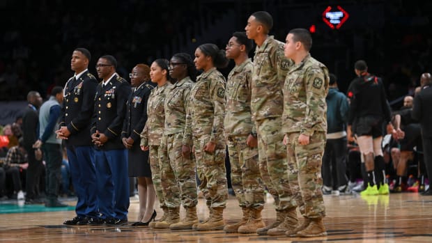Dec 15, 2023; Washington, District of Columbia, USA; U.S. Army ROTC cadets from HBCUs are honored during a time out during between the Washington Wizards and the Indiana Pacers on military appreciation night at Capital One Arena. Washington Wizards defeated Indiana Pacers 137-123. Mandatory Credit: Tommy Gilligan-USA TODAY Sports