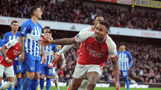 Gabriel Jesus pictured celebrating after scoring in Arsenal's 2-0 win over Brighton in December 2023