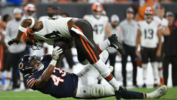 Aug 27, 2022; Cleveland, Ohio, USA; Chicago Bears linebacker DeMarquis Gates (43) tackles \during the second half at FirstEnergy Stadium. Mandatory Credit: Ken Blaze-USA TODAY Sports  