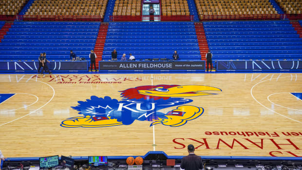 Dec 31, 2022; Lawrence, Kansas, USA; A general view of the center court logo prior to a game between the Kansas Jayhawks and Oklahoma State Cowboys at Allen Fieldhouse. Mandatory Credit: Denny Medley-USA TODAY Sports