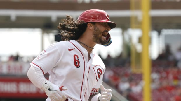 Sep 10, 2023; Cincinnati, Ohio, USA; Cincinnati Reds second baseman Jonathan India (6) reacts as he runs the bases after hitting a solo home run against the St. Louis Cardinals during the third inning at Great American Ball Park. Mandatory Credit: David Kohl-USA TODAY Sports  