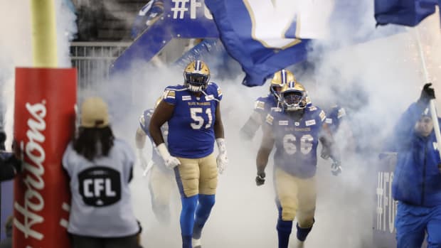 Nov 11, 2023; Winnipeg, Manitoba, CAN; Winnipeg Blue Bombers offensive lineman Jermarcus Hardrick (51) enters the field prior to the game against the BC Lions at IG Field. Mandatory Credit: Bruce Fedyck-USA TODAY Sports  