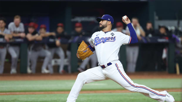 Oct 28, 2023; Arlington, TX, USA; Texas Rangers relief pitcher Martin Perez (54) pitches in the eighth inning against the Arizona Diamondbacks in game two of the 2023 World Series at Globe Life Field.