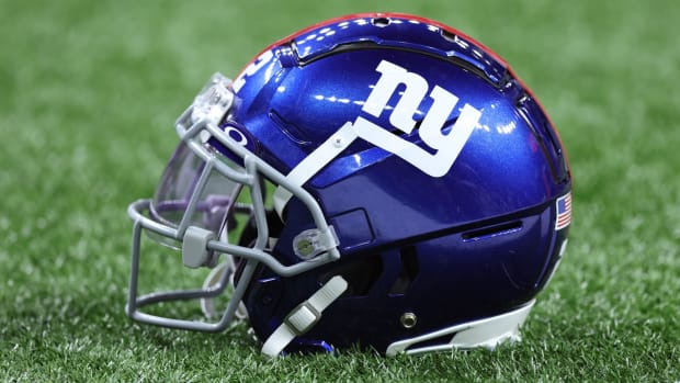 Dec 17, 2023; New Orleans, Louisiana, USA; A detailed view of a New York Giants helmet before the game against the New Orleans Saints at Caesars Superdome.