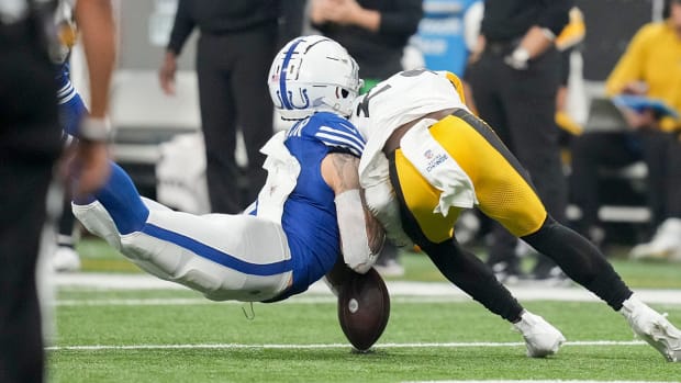Colts wide receiver Michael Pittman Jr. (11) collides with Steelers safety Damontae Kazee (23) during a game against the Steelers at Lucas Oil Stadium in Indianapolis.
