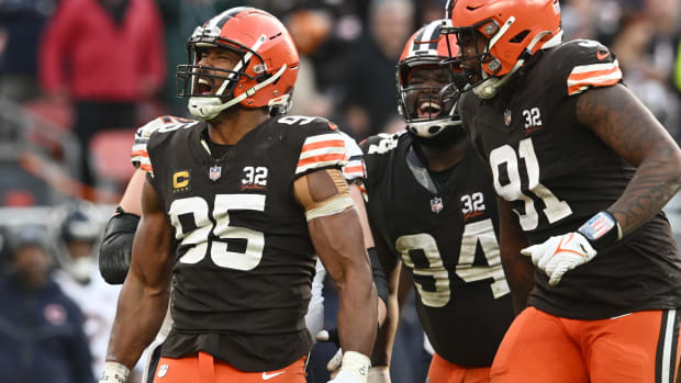 Dec 17, 2023; Cleveland, Ohio, USA; Cleveland Browns defensive end Myles Garrett (95) celebrates after making a tackle during the second half against the Chicago Bears at Cleveland Browns Stadium. Mandatory Credit: Ken Blaze-USA TODAY Sports