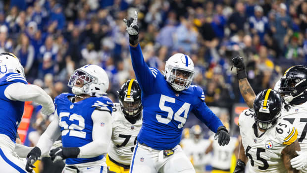 Dec 16, 2023; Indianapolis, Indiana, USA; Indianapolis Colts defensive end Dayo Odeyingbo (54) celebrates a sack in the second half against the Pittsburgh Steelers at Lucas Oil Stadium. Mandatory Credit: Trevor Ruszkowski-USA TODAY Sports