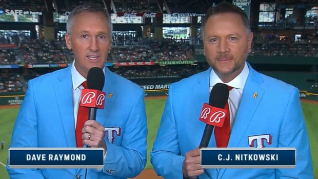 Texas Rangers television analyst C.J. Nitkowski, right, is leaving the team to take the same job with the Atlanta Braves. Nitkowski, who lives in Atlanta, and partner Dave Raymond, left, have worked together for the past seven seasons.