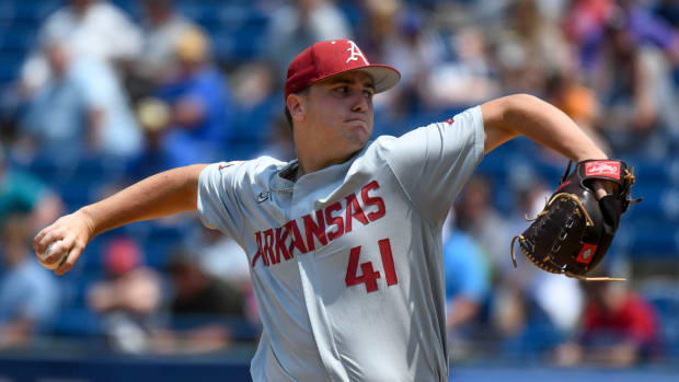 Will McEntire pitches in relief against Texas A&M Saturday, May 27, 2023, at the Hoover Met in the semifinal round.
