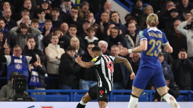 Callum Wilson pictured (center) scoring for Newcastle United against Chelsea in the quarter-finals of the 2023/24 EFL Cup