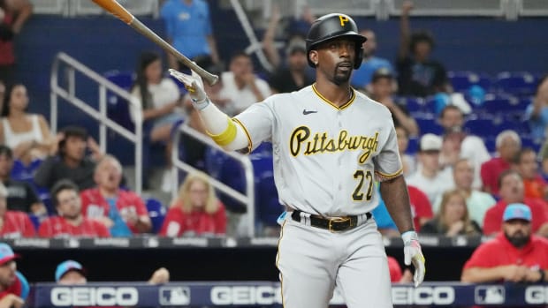 Jun 24, 2023; Miami, Florida, USA; Pittsburgh Pirates designated hitter Andrew McCutchen (22) walks in the tenth inning against the Miami Marlins at loanDepot Park.