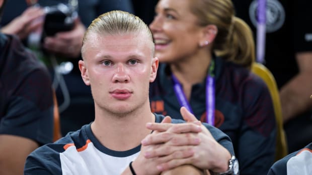 Erling Haaland pictured watching from the sidelines during Manchester City's 3-0 win over Urawa Red Diamonds in the semi-finals of the 2023 FIFA Club World Cup