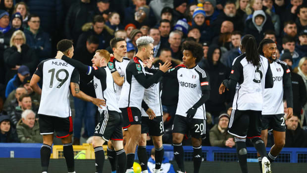 Fulham's players pictured celebrating during their victory at Everton in the quarter-finals of the 2023/24 EFL Cup