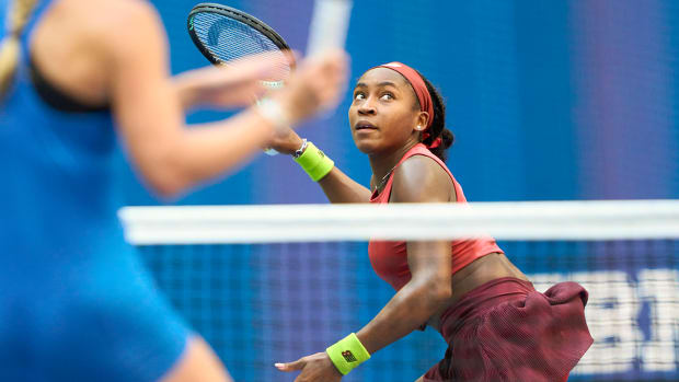 Coco Gauff playing in the Round of 16 at the 2023 US Open.