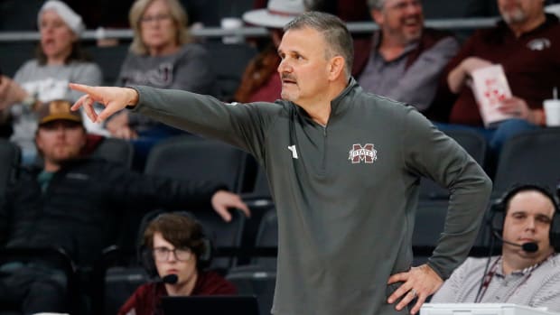 Dec 13, 2023; Starkville, Mississippi, USA; Mississippi State Bulldogs head coach Chris Jans gives direction during the second half against the Murray State Racers at Humphrey Coliseum. Mandatory Credit: Petre Thomas-USA TODAY Sports