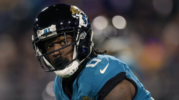 Jacksonville Jaguars wide receiver Calvin Ridley (0) looks on before the snap during the third quarter of a regular season NFL football matchup Sunday, Dec. 17, 2023 at EverBank Stadium in Jacksonville, Fla. The Baltimore Ravens defeated the Jacksonville Jaguars 23-7.