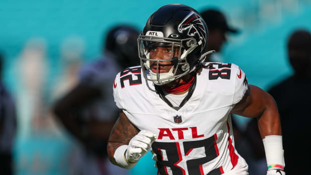 Aug 11, 2023; Miami Gardens, Florida, USA; Atlanta Falcons wide receiver Xavier Malone (82) warms up before a game against the Miami Dolphins at Hard Rock Stadium. Mandatory Credit: Nathan Ray Seebeck-USA TODAY Sports  