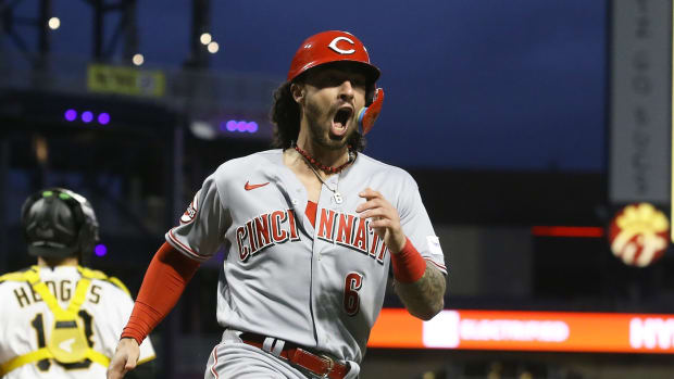 Apr 22, 2023; Pittsburgh, Pennsylvania, USA; Cincinnati Reds second baseman Jonathan India (6) reacts after scoring a run against the Pittsburgh Pirates during the fifth inning at PNC Park. Mandatory Credit: Charles LeClaire-USA TODAY Sports  