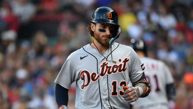 Aug 12, 2023; Boston, Massachusetts, USA; Detroit Tigers catcher Eric Haase (13) heads to the dugout after hitting a home run against the Boston Red Sox during the fifth inning at Fenway Park.