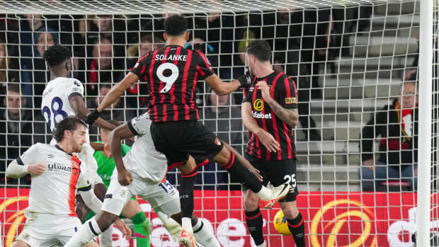 Dominic Solanke pictured scoring for Bournemouth against Luton Town in December 2023 before the Premier League game was abandoned following a medical emergency