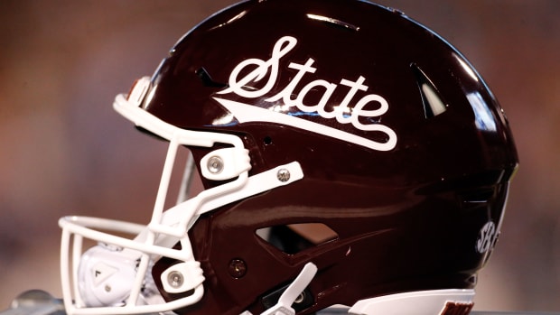 Nov 23, 2023; Starkville, Mississippi, USA; A Mississippi State Bulldogs helmet sits on the sidelines during the first half against the Mississippi Rebels at Davis Wade Stadium at Scott Field. Mandatory Credit: Petre Thomas-USA TODAY Sports