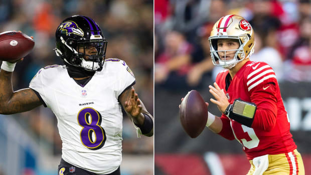 Ravens quarterback Lamar Jackson and 49ers quarterback Brock Purdy lead their teams into the 2024 NFL playoffs as the top seeds.