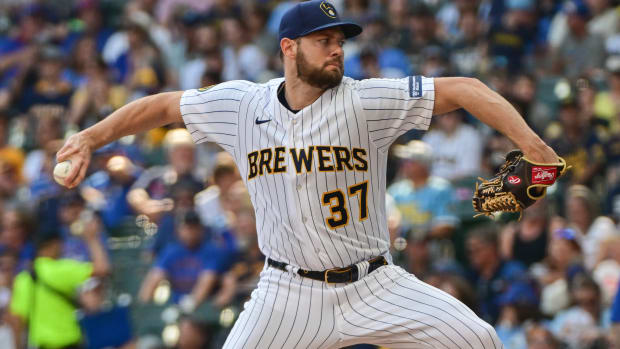 Oct 1, 2023; Milwaukee, Wisconsin, USA; Milwaukee Brewers pitcher Adrian Houser (37) pitches against the Chicago Cubs in the first inning at American Family Field. Mandatory Credit: Benny Sieu-USA TODAY Sports