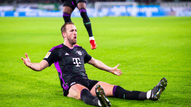 Harry Kane pictured celebrating after scoring his 52nd goal of 2023 to help Bayern Munich beat Wolfsburg 2-1 in their final match of the calendar year