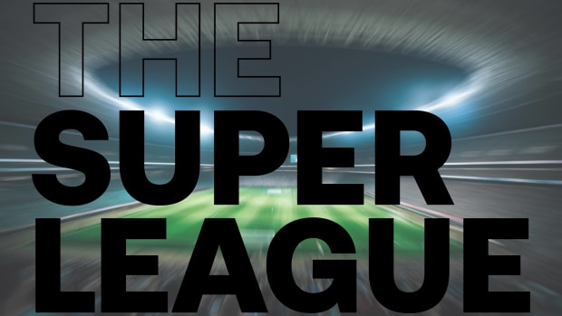 A blurry image of a soccer stadium behind the words: "The Super League"