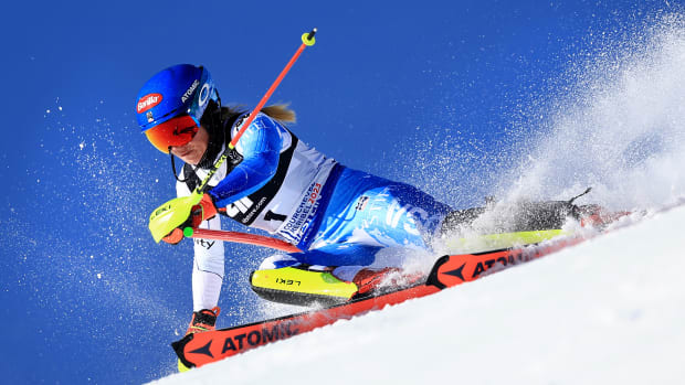 Mikaela Shiffrin skiing in 2023.