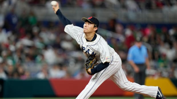 Japan’s Yoshinobu Yamamoto delivers a pitch during the fifth inning of a World Baseball Classic game against Mexico.