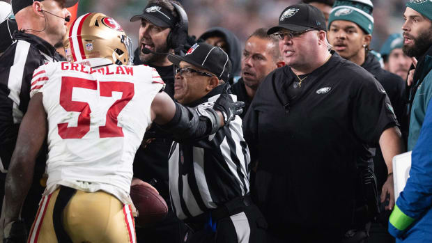 49ers linebacker Dre Greenlaw has an altercation with Philadelphia Eagles staff member Dom DiSandro.