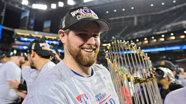 Texas Rangers starting pitcher Jordan Montgomery celebrates the World Series championship after Game 5 at Chase Field. Montgomery is a free agent, and the Rangers are in dire need of another starting pitcher.