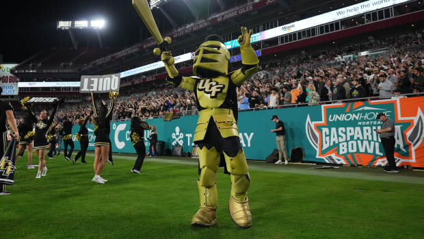 Dec 22, 2023; Tampa, FL, USA; The UCF Knights mascot performs during the first half of the Gasparilla Bowl between the Georgia Tech Yellow Jackets and the UCF Knights at Raymond James Stadium. Mandatory Credit: Jasen Vinlove-USA TODAY Sports