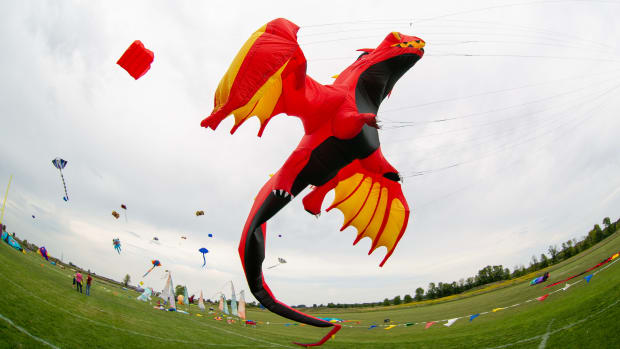 A large dragon kite looks fearsome during the 18th annual Kites over Lake Michigan at Two Rivers High School, Saturday, September 9, 2023, in Two Rivers, Wis.