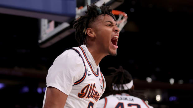Illinois Fighting Illini guard Terrence Shannon Jr. (0) reacts during the first half against the Florida Atlantic Owls at Madison Square Garden.