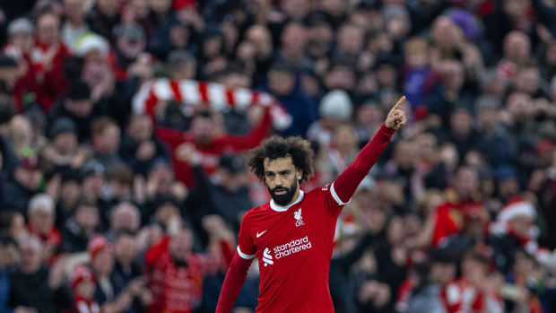 Mo Salah pictured celebrating after scoring the 151st goal of his Premier League career during Liverpool's 1-1 draw with Arsenal in December 2023