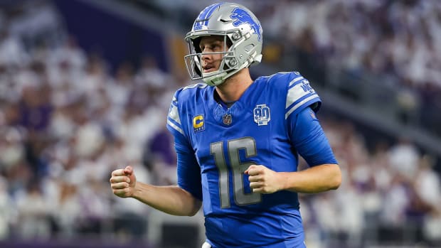 Jared Goff pumps his fist during a Lions win.